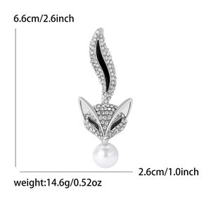 Broche renard argentée avec strass scintillants et une grande perle blanche, taille 6,6cm