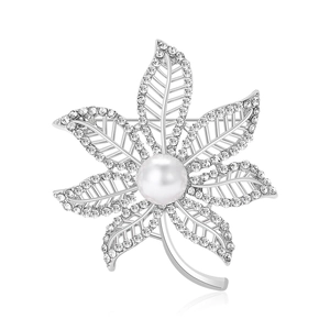 Elegant maple leaf maple brooch with white pearl center and sparkling crystals
