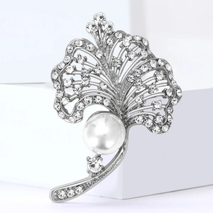 Elegant silver alloy leaf brooch with sparkling rhinestones and white pearl accent
