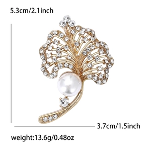 Elegant gold leaf brooch with white pearl and sparkling rhinestones for women clothing