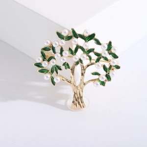 Vintage Alloy Tree Brooch With Faux Artificial Pearl And Green Enamel Life Tree Pin For Suit Clothing Accessories Women Gift Jewelry