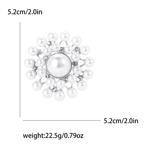 Detailed macro view showing the 5.2cm flower pearl brooch with silver alloy and rhinestones