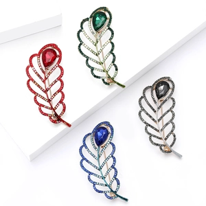 Elegant feather brooch pins with teardrop gemstones and micro-diamonds in four colors