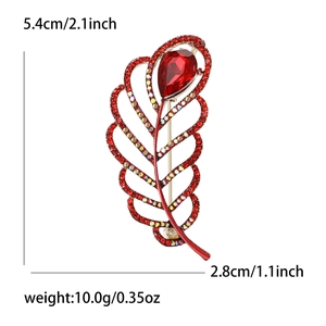 Elegant red crystal feather brooch pin with rhinestones and water drop stone measurements
