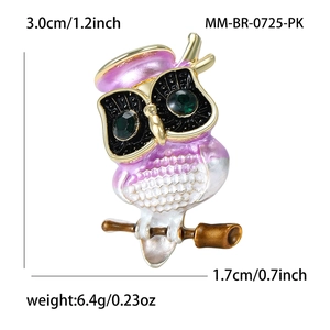 Pink and white owl brooch with green gem eyes and glasses, size 3.0cm by 1.7cm