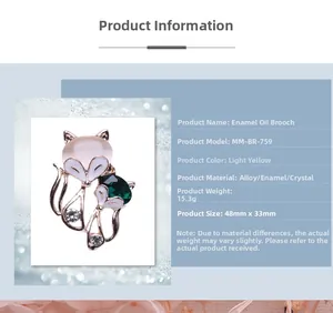 Detailed dimensions of fox brooch with cat eye stone and green rhinestones