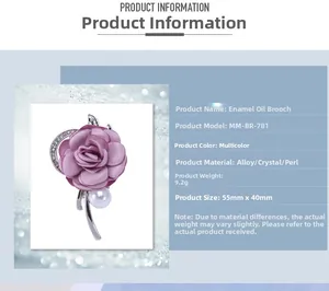Detail view of purple enamel flower brooch with pearl and rhinestone measurements