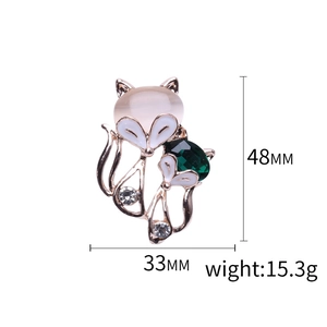 Vintage fox brooch with cat eye stone and green crystal in rose gold finish, 48mm size