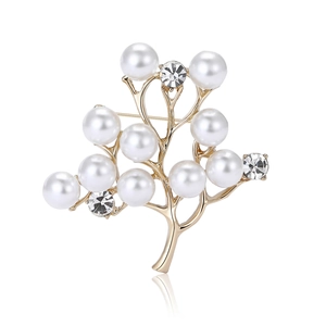 Broche élégante en alliage doré avec perles blanches et strass brillants pour costumes