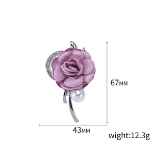 Elegant purple fabric rose brooch with silver leaves, crystals and a white faux pearl drop