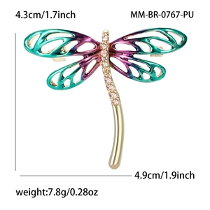 Detailed view of enamel dragonfly brooch with size dimensions and purple-green wings