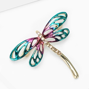 Enamel dragonfly brooch with gradient wings and sparkling rhinestones in gold setting