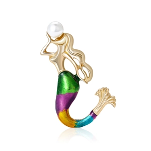 Elegant Alloy Mermaid Enamel Brooch With Faux Artificial Pearl Gold Plated Creative Personalized Women Clothing Corsage Pin Jewelry