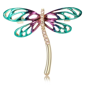 Green and purple enamel dragonfly brooch with champagne rhinestones on golden alloy