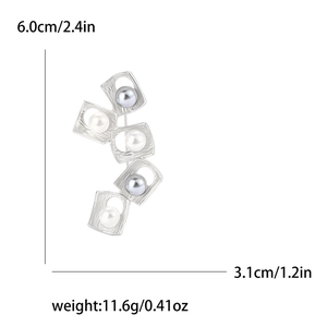 Detail showing dimensions of 6.0x3.1cm for the modern silver square pearl brooch