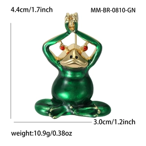 Vintage green enamel yoga frog brooch with gold finish and dimensions labeled