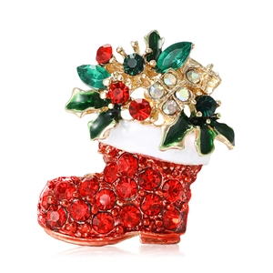 Christmas Santa Boot Rhinestone Brooch Enamel Winter Holiday Accessory Elegant Gold Tone Alloy Festive Clothing Pin Jewelry