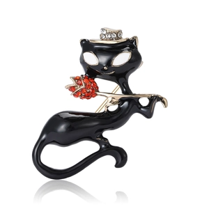 Broche Chat Mignon en Alliage Émaillé Tenant Une Rose Avec Couronne en Strass Corsage Animal Bijoux Épinglette Accessoire pour Femme