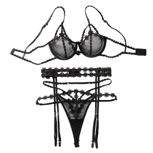Sexy black lace lingerie set with 3-piece floral mesh bra, garter belt and thong panty