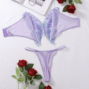 Detailed embroidery of purple butterfly wings on semi-transparent mesh lingerie set