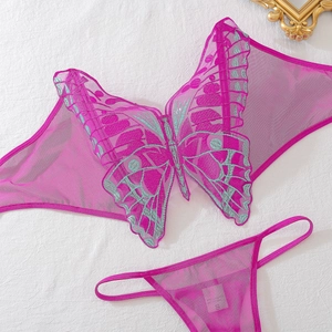 Detailed embroidery of purple butterfly on sheer mesh corset and matching thong set
