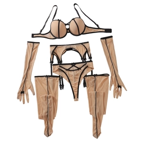 Ensemble lingerie 5 pièces en résille chair avec bordure noire, bas et gants longs