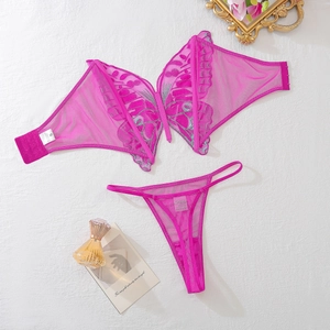 Flat lay of pink mesh lingerie set with blue butterfly embroidery and perfume accessories