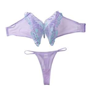 Purple sheer mesh lingerie set with butterfly embroidery and matching thong underwear