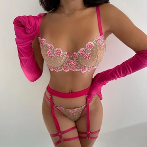 Set lingerie 4 pezzi sexy con pizzo floreale, reggicalze e guanti di raso