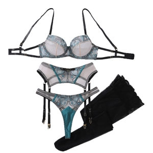Set lingerie 4 pezzi con reggiseno ricamato blu, reggicalze e calze nere in pizzo