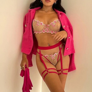 Dettaglio del ricamo floreale rosa su lingerie di pizzo trasparente con reggicalze abbinato