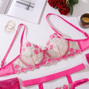 Dettaglio ricamo floreale rosa su lingerie in rete trasparente con spalline in velluto