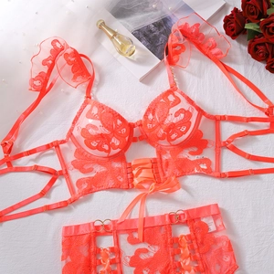 Ricamo dettagliato su completo lingerie corallo trasparente con pizzo a motivi floreali