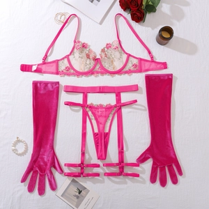 Dettagli del set lingerie in pizzo rosa con ricamo floreale e guanti lunghi in velluto
