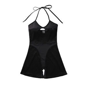 Sexy black mesh cutout halter bodysuit for women featuring sheer lace and tie-up details