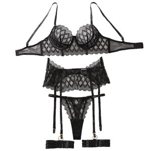 Sexy black lace lingerie set with underwire bra, garter belt, and thong in four pieces
