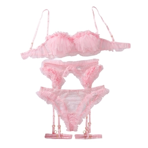 Set lingerie tre pezzi in pizzo rosa con volant in rete e reggicalze regolabile
