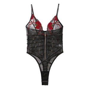 Body sexy en mesh noir avec broderie florale rouge et fermeture éclair métallique