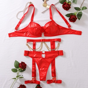 Detailaufnahme eines roten Dessous-Sets aus PU mit Goldketten und Blick auf das Etikett