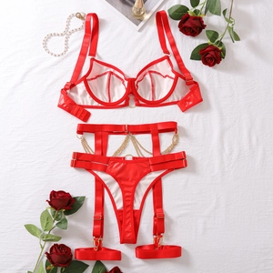 Detail eines roten PU-Leder-Dessous-Sets mit Goldketten und Strumpfgürtel