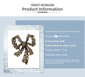 Detailed product specifications for vintage gold bow enamel brooch with rhinestones
