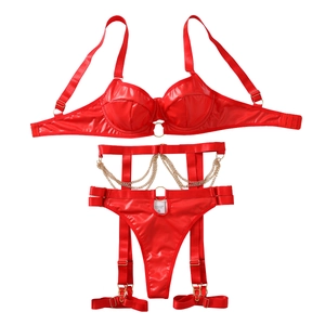 Rotes 4-teiliges PU-Leder Dessous-Set mit Metallketten, Strapsgürtel und Bügel-BH