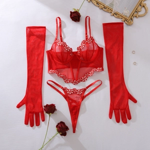 Détail à plat d'un ensemble de lingerie en dentelle rouge avec soutien-gorge brodé et gants