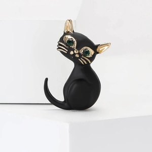 Broche Chat Noir en Alliage de Dessin Animé Avec Yeux en Strass Verts Épingle d'Animal Mignon pour Pull de Femme Bijoux