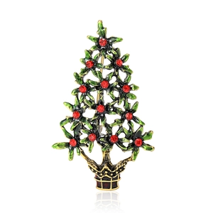 Broche de sapin de Noël en alliage doré avec émail vert et cristaux rouges brillants