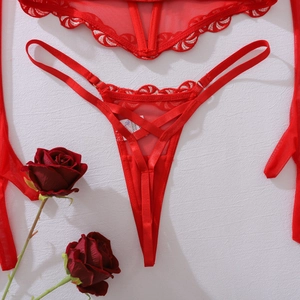 Détail d'un ensemble lingerie rouge en tulle transparent avec dentelle et étiquette