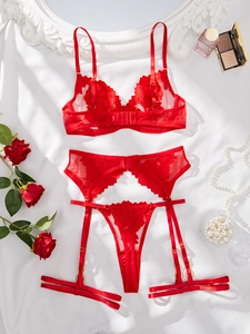 Flachbild von rotem Dessous-Set aus floraler Spitze mit Strapsgürtel und Accessoires