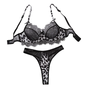 Lace-trimmed leopard print lingerie set with wired push-up bra and matching thong panties