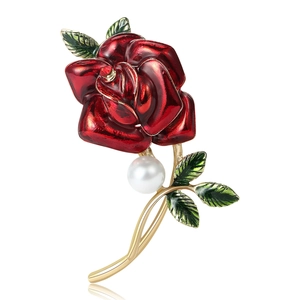 Vintage Alloy Enamel Rose Flower Brooch For Women Elegant Rhinestone Faux Artificial Pearl Plant Brooch Pin Dress Jewelry Accessory
