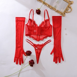 Vue détaillée du bustier en dentelle rouge avec gants en résille et string assorti